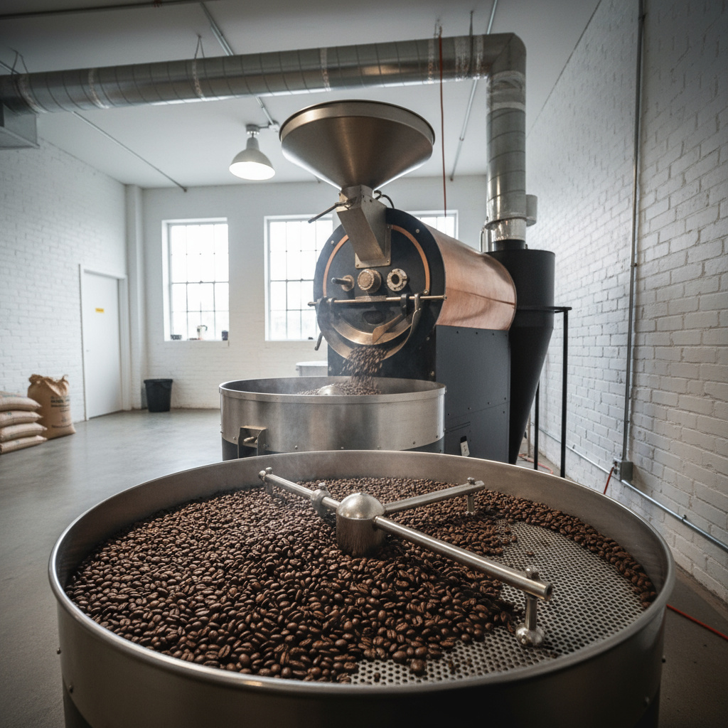 Small-batch coffee roaster cooling freshly roasted beans
