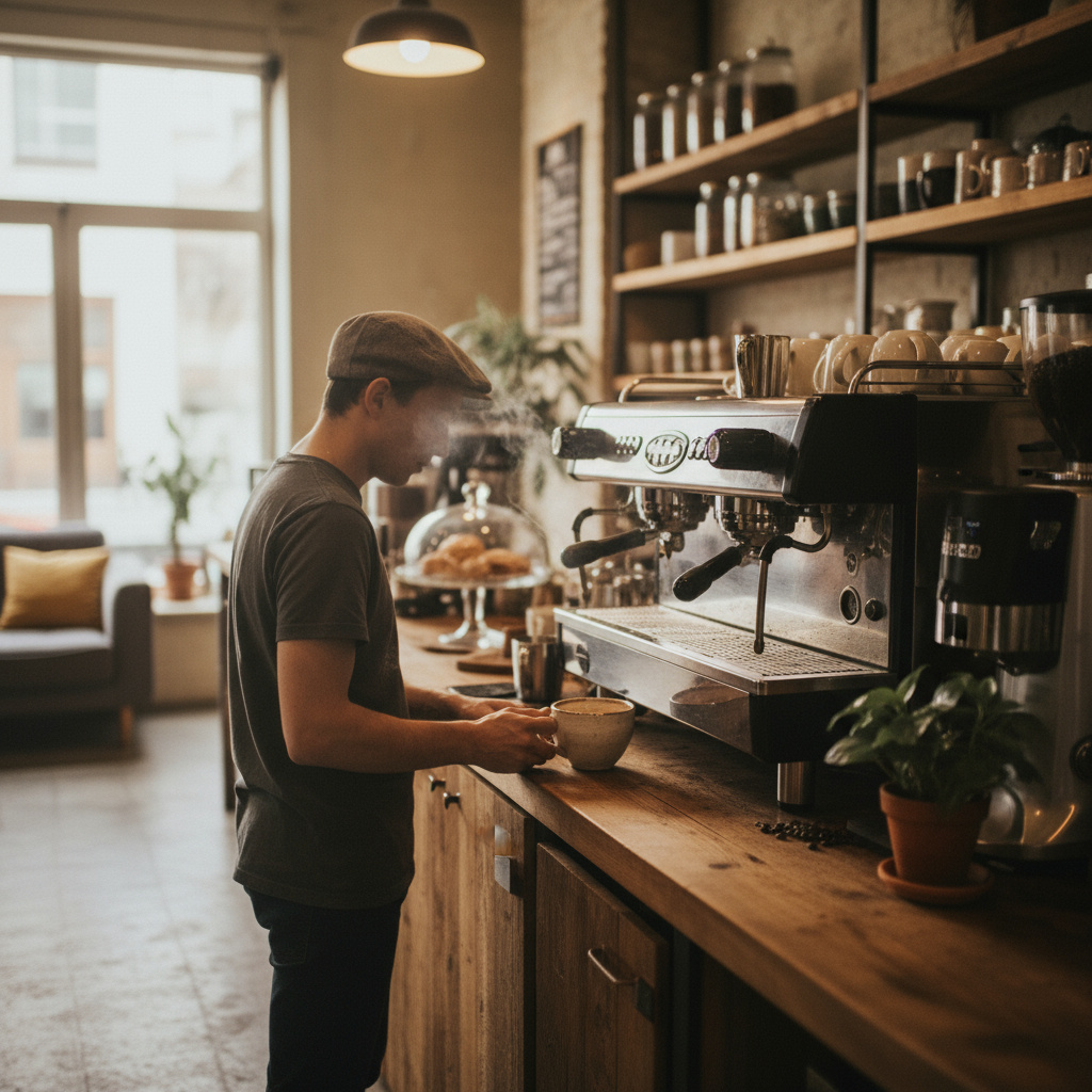 Bright, welcoming cafe bar with espresso machine and a barista pouring espresso into a ceramic cup
