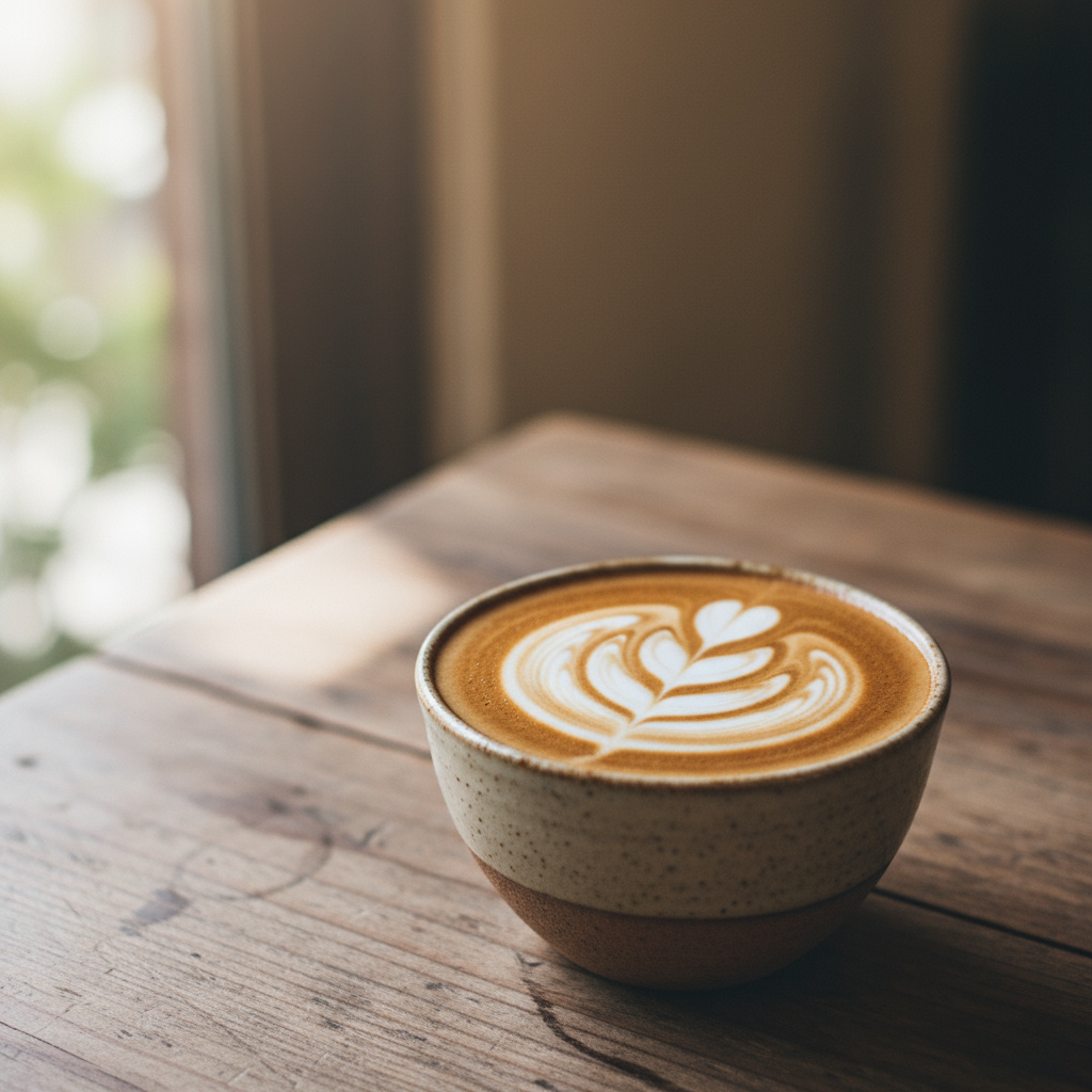 Close-up latte art in a ceramic cup on wooden table