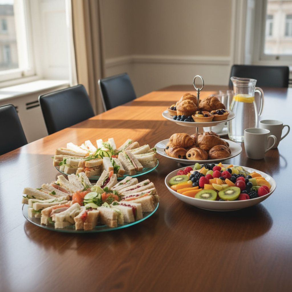 Platter with sandwiches, pastries, and fruit prepared for a small office meeting