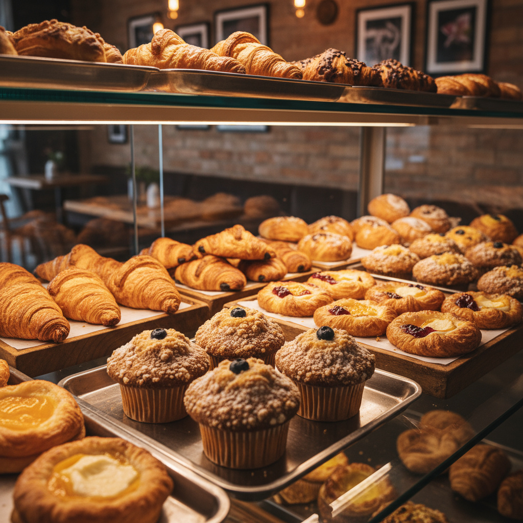 Assortment of fresh pastries on trays in a cafe display
